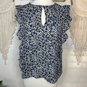 J. Crew Blue Flutter Sleeve Ruffled Floral Blouse size 2